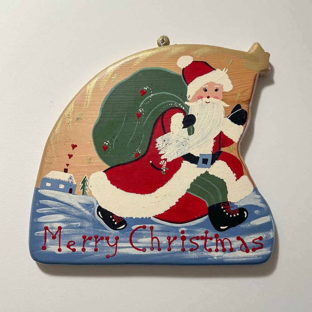 Vintage Handmade Wooden Santa Sign Christmas Hand Painted Kitschy Wood Signed